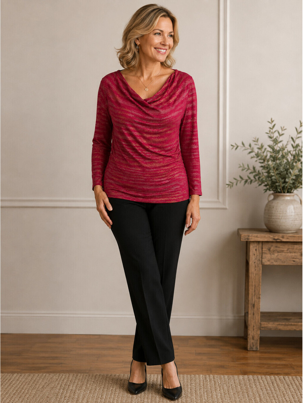 Coldwater Creek Womens Red Gold Shimmer Cowl Neck Top Size S Rayon Blend Knit